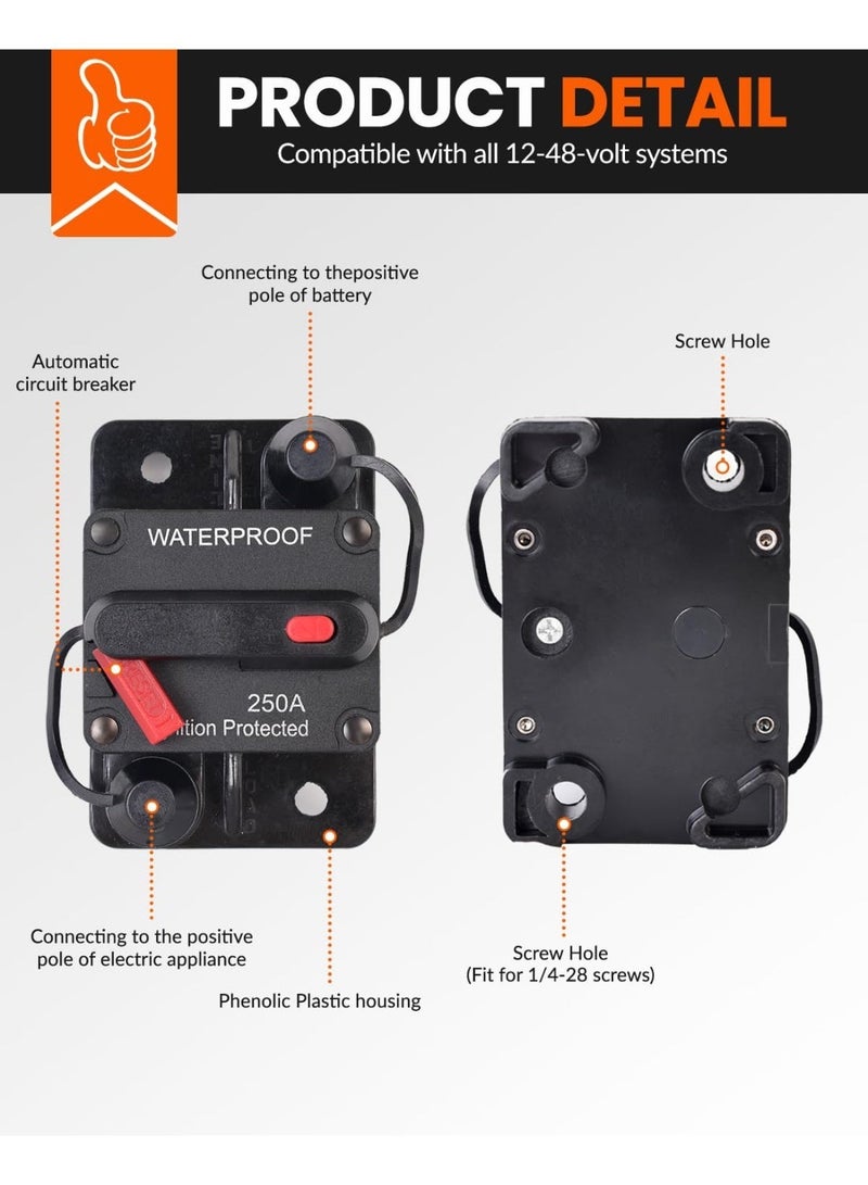 250 Amp Waterproof Circuit Breaker with Manual Reset for Car Marine Trolling Motors Boat ATV Manual Power Protect for Audio System Fuse, 12V-48V DC (250A) - Image 3